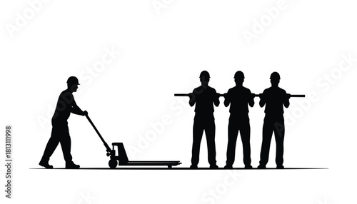 Silhouette of a worker operating a pallet jack while three other workers hold a long object horizontally, symbolizing teamwork and manual labor