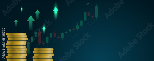 Stocks background with arrows candlestick charts symbolizing financial growth.