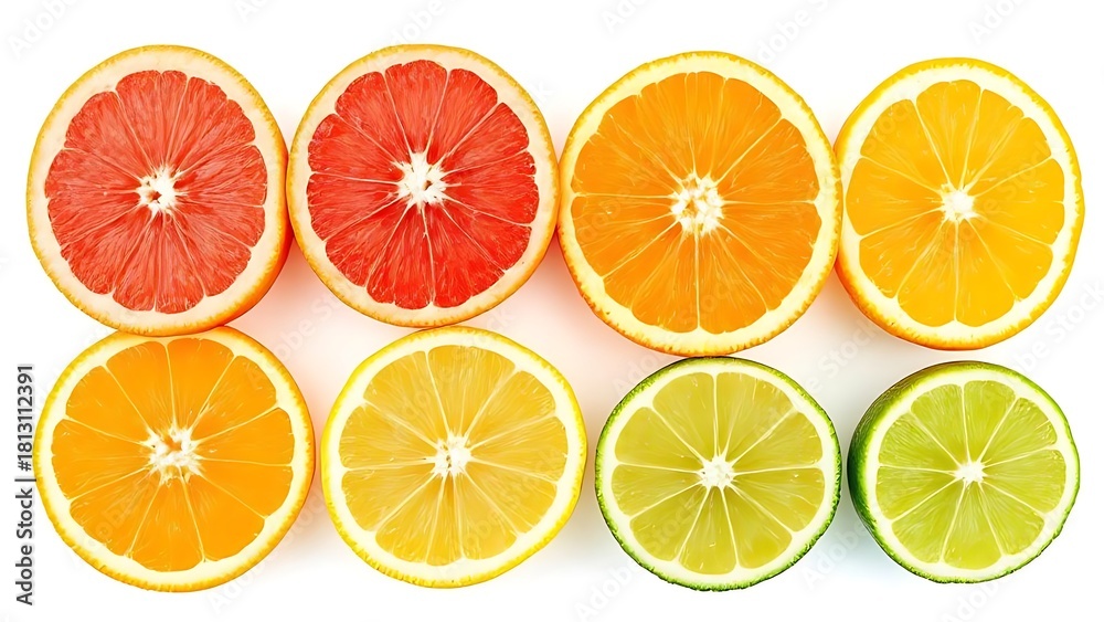 Obraz premium Fresh slices of grapefruit, orange, lemon, and lime arranged in a row with bright colors and realistic texture on a transparent background. Perfect for food, health, and summer-themed designs