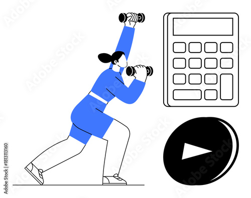 Fitness enthusiast lifting dumbbells with nearby calculator and play button. Ideal for health, exercise, weight loss, active lifestyle, fitness apps, goal setting, simple flat metaphor
