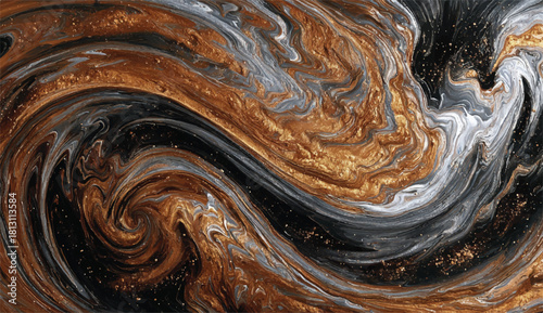 Abstract Gold Black and Silver Fluid Art Background with Glittering Particles