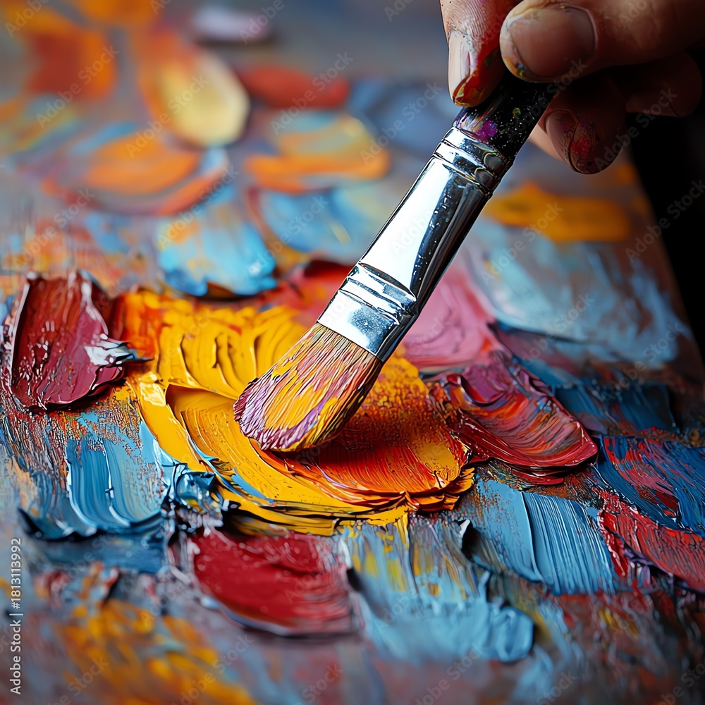 Fototapeta premium Painter paused mid-process, brush still loaded with color high resolution for isolate image
