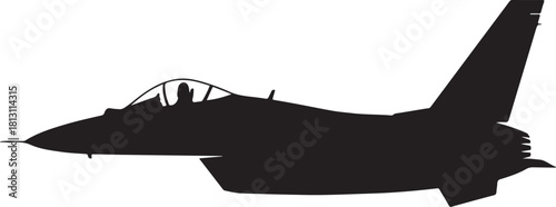 Black silhouette of a fighter jet with pilot visible in the cockpit against a white background