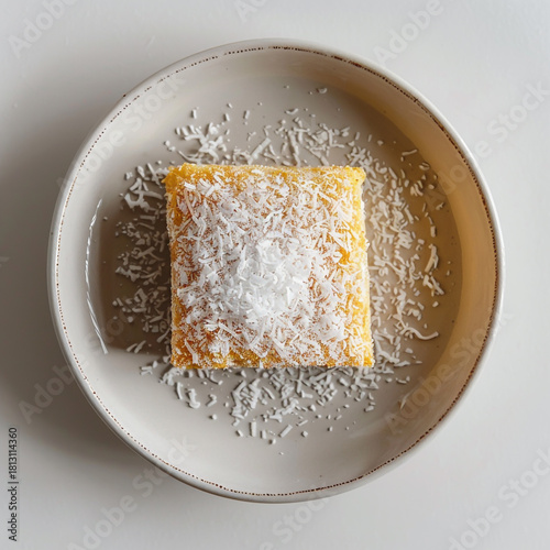 A square slice of bright yellow brazilian corn cake, known as bolo de fub, topped generously with shredded white coconut on a light gray plate