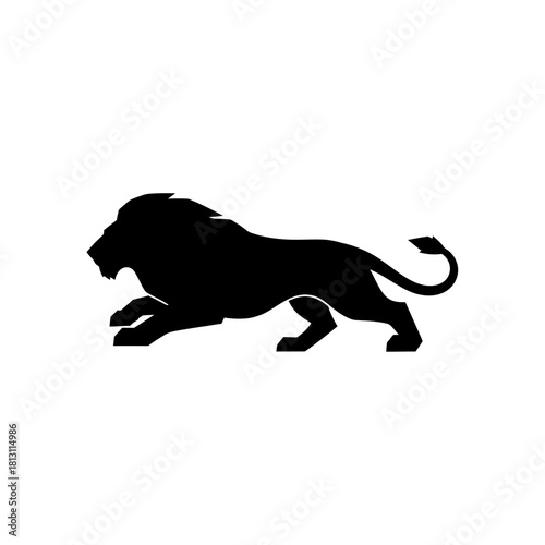 A striking silhouette of a powerful lion in mid-stride, showcasing its majestic mane and muscular physique against a clean white background.