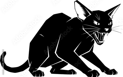 Abyssinians cat in an angry mood, fighting pose, roaring cat, Alert Abyssinian Cat Hunting Stalking Crouch Silhouette
