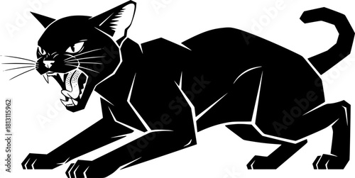 Abyssinians cat in an angry mood, fighting pose, roaring cat, Alert Abyssinian Cat Hunting Stalking Crouch Silhouette
