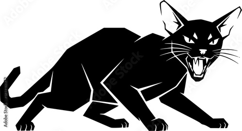 Abyssinians cat in an angry mood, fighting pose, roaring cat, Alert Abyssinian Cat Hunting Stalking Crouch Silhouette
