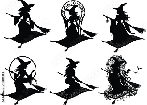 Flying witch silhouette set, Halloween vector illustration, broomstick pose, magical theme, ornate frame, lantern and staff, pregnant witch, spooky design, black graphic, fantasy concept
