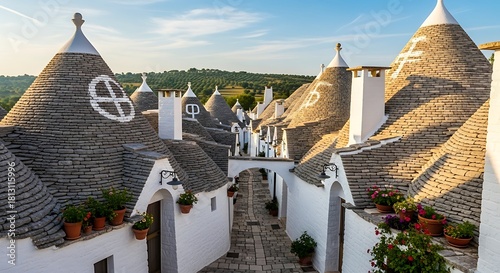 Fototapeta Naklejka Na Ścianę i Meble -  Iconic trulli houses with conical roofs lining a narrow street in alberobello italy during golden hour