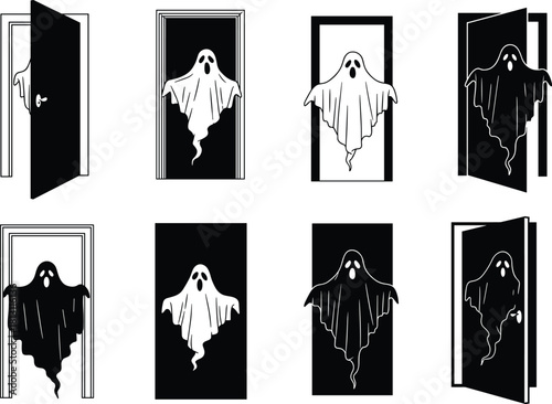 Ghost doorway illustration, spooky silhouettes, black and white contrast, floating spirits, haunted theme, Halloween concept, eerie design, character lineup, supernatural art, creepy sketch