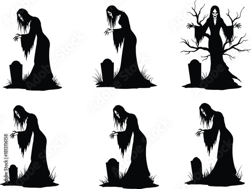 Ghost silhouette illustration, gravestone figures, eerie poses, long robes, twisted tree, spooky theme, Halloween concept, supernatural design, character lineup, horror sketch, dark atmosphere
