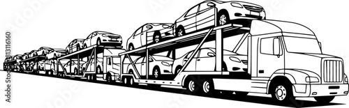 Car carrier trailer side view. Black and white illustration. Car hauler icon, Car Hauler Vectors: Various Poses of Trucks and Trailers Lifting Cars
