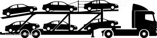 Car carrier trailer side view. Black and white illustration. Car hauler icon, Car Hauler Vectors: Various Poses of Trucks and Trailers Lifting Cars

