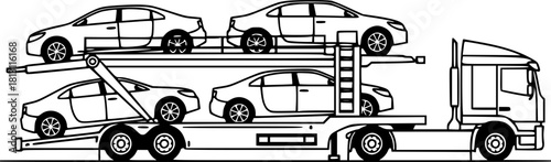 Car carrier trailer side view. Black and white illustration. Car hauler icon, Car Hauler Vectors: Various Poses of Trucks and Trailers Lifting Cars
