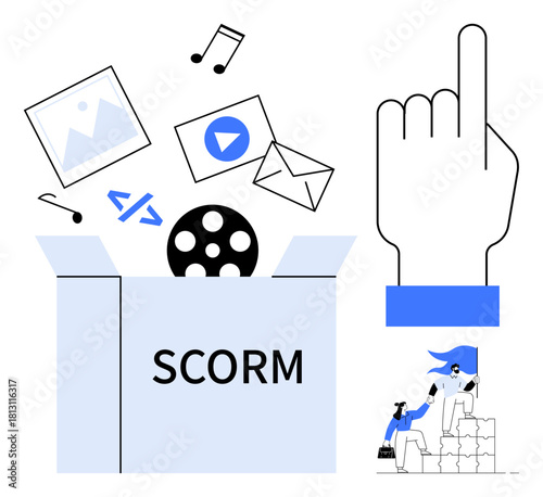 Digital content including video, media, code, and files emerging from SCORM box, alongside helping hand and teamwork illustration. Ideal for e-learning, collaboration, education, tech content