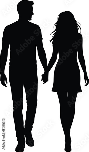 Silhouette of couple walking hand in hand, black and white companionship scene, unity and connection concept, relationship moment illustration, emotional bond design for stock use