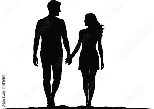 Silhouette of couple walking hand in hand, black and white relationship illustration, unity and love concept, emotional connection design, romantic moment artwork for stock use