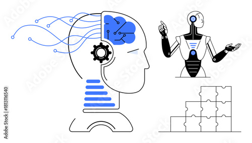 Artificial intelligence concept. Artificial intelligence powering robotic systems, human-thumbs up brain processes, and futuristic innovations. Artificial intelligence for automation