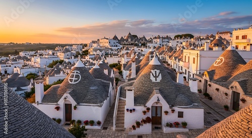 Fototapeta Naklejka Na Ścianę i Meble -  Panoramic aerial view of alberobello italy s iconic trulli houses at sunset with warm golden light