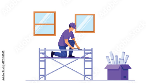 Construction worker or handyman performing maintenance or installation work while kneeling on a scaffolding platform next to a box of rolled blueprints