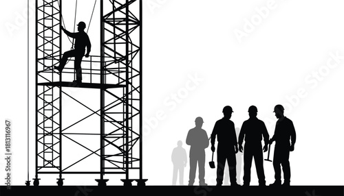 Silhouette of construction worker climbing a metal tower structure while other workers stand below
