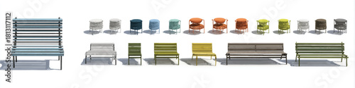 Collection of colorful chairs and benches for outdoor furniture showcase display