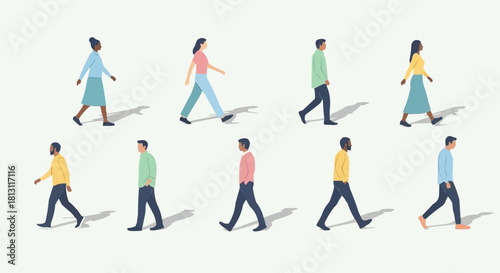 Diverse group of people walking in various directions, showcasing different styles and movements.
