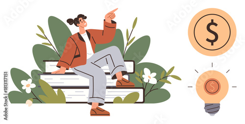 Woman seated on stacked books with plants, pointing at dollar coin and lightbulb. Ideal for education, financial planning, investment, creativity, innovation, learning growth. Simple flat metaphor