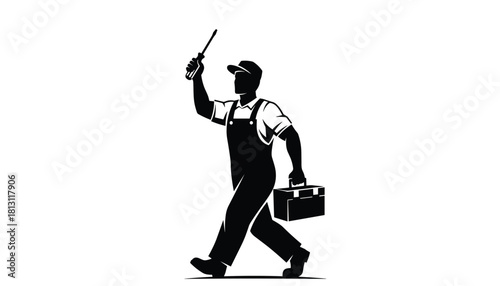 Silhouette of a repairman or technician walking with a tool in one hand and a toolbox in the other