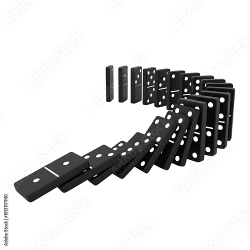 Black Dominoes Falling in a Sequence Creating a Cascading Effect