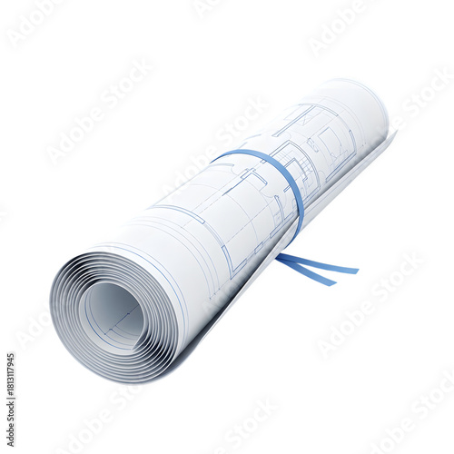 Detailed Architectural Blueprint Rolled Up with Blue Straps