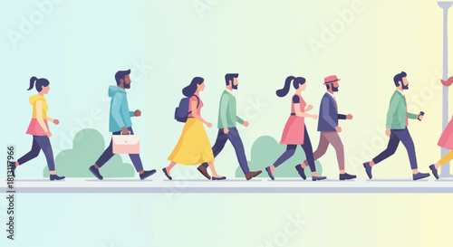 Diverse group of people walking in a line, showcasing unity and movement.