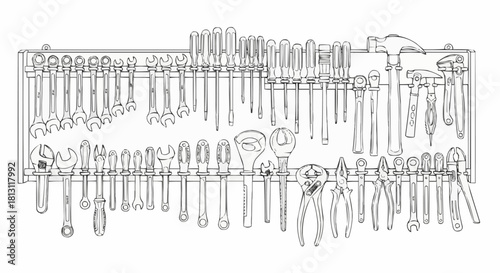Collection of Hand Tools Organized on a Wall Rack.