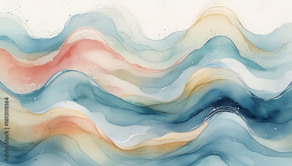 Fototapeta premium Abstract background with flowing waves of blue, pink, and gold in a watercolor style.
