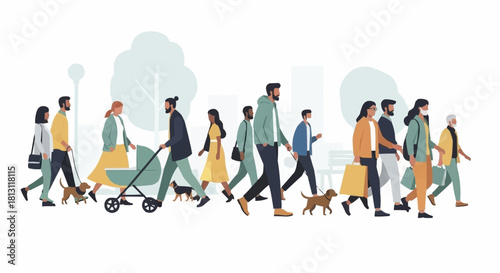 Diverse group of people walking together in a park with dogs and a stroller.