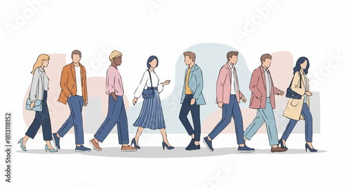 Diverse group of people walking together in casual attire.