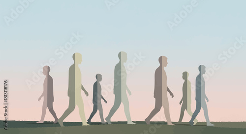 A Row of People Walking in a Minimalist Style.