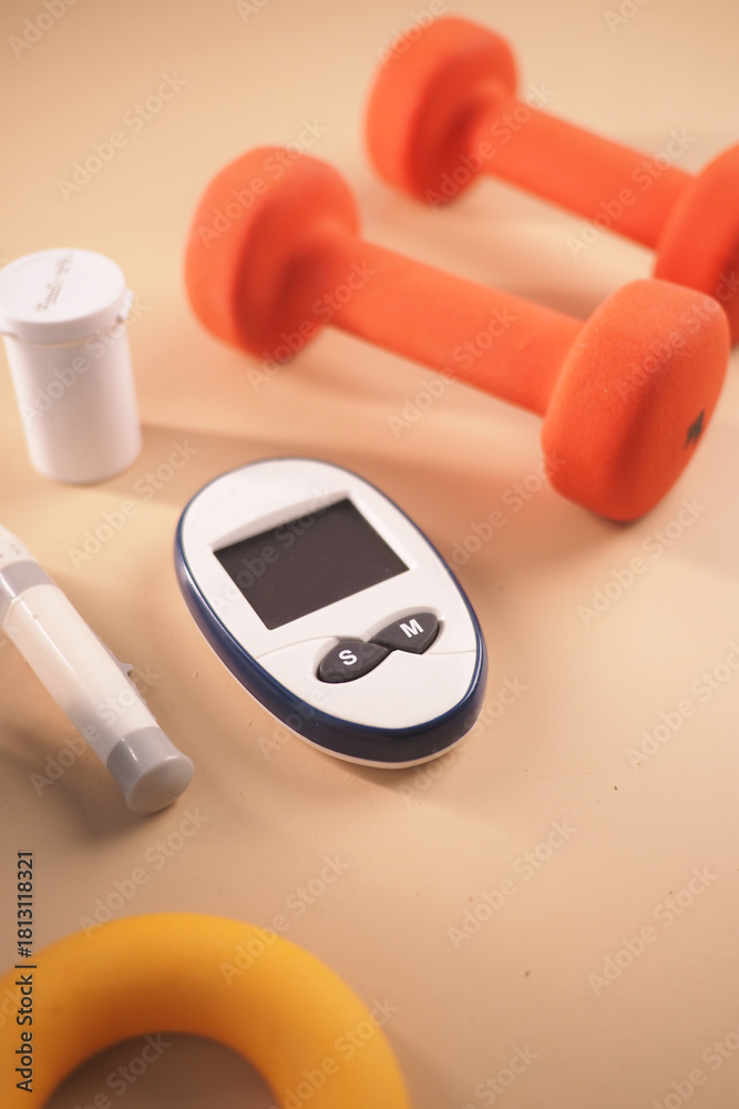 Fototapeta premium Exercise equipment and health tools on a fitness surface