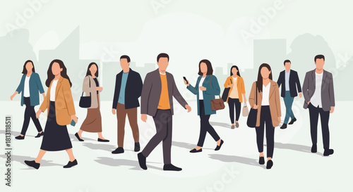 A diverse group of illustrated people walking together in an urban setting.