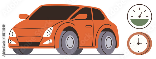 Orange compact vehicle with broad wheels, paired with speedometer and clock graphics. Ideal for automotive, travel, time management, efficiency, road safety, punctuality, eco-friendly transportation