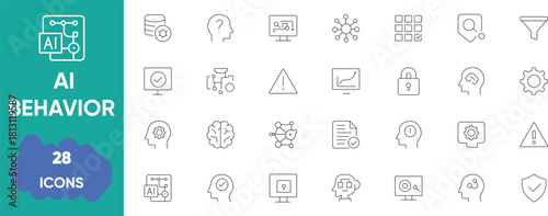 AI Behavior Line Icons Set – Machine Learning Actions, Automation Patterns And Digital Decision-Making Vector Pack. 