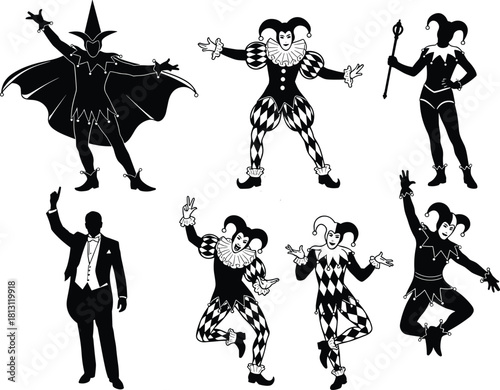 Vector Silhouette Set of Dramatic Jester, Harlequin, and Magician Characters in Detailed Costumes and Dynamic Poses for Performance and Entertainment Design