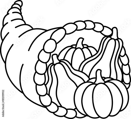 Cornucopia Outline Vector Illustration for Coloring Book. Thanksgiving Horn of Plenty Line Art.