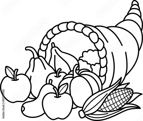 Abundant Cornucopia Outline Vector Illustration for Coloring Book. Thanksgiving Harvest Display Line Art.