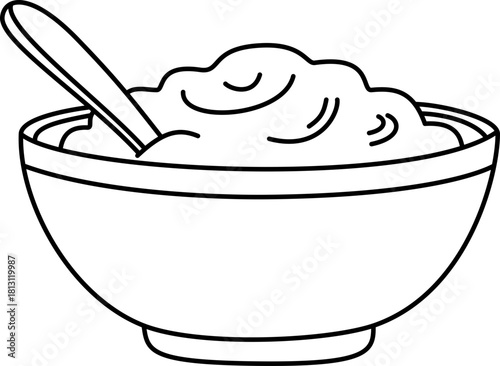 Mashed Potatoes Bowl with Spoon Outline Vector Illustration. Thanksgiving Dinner Food Line Art.