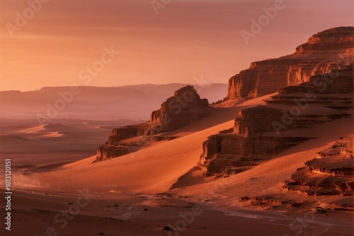 Fototapeta Naklejka Na Ścianę i Meble -  Desert landscape at sunset with sand dunes and rocky formations under warm orange light