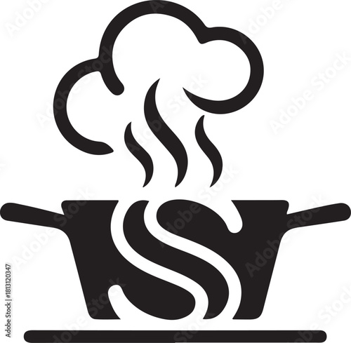 Cooking pot with rising steam and s symbol