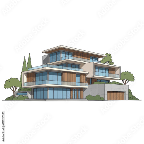 Modern Luxury Multi-Story Residential Building with Large Windows and Balconies.