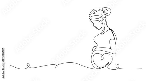 Continuous line drawing of a pregnant woman with butterfly. One line drawing of a pregnant woman. Pregnant belly with heart and butterfly. 